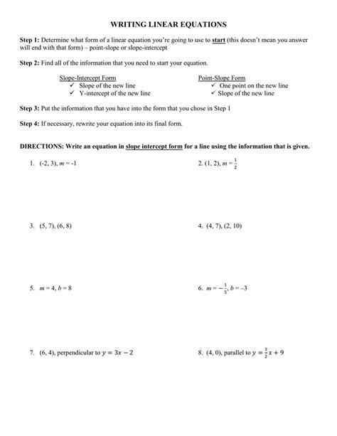 Writing Linear Equations Worksheet Answer