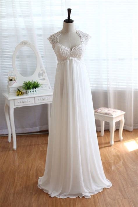 Lace Chiffon Wedding Dress Keyhole Back Empire Waist Maternity Dress With Cap Sleeves Empire