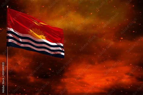 Fluttering Kiribati Flag Mockup With Blank Space For Your Text On Crimson Red Sky With Smoke