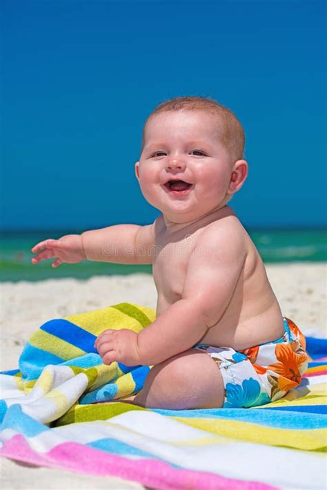 Happy Infant Baby Boy Sitting Towel Beach Stock Photos Free And Royalty