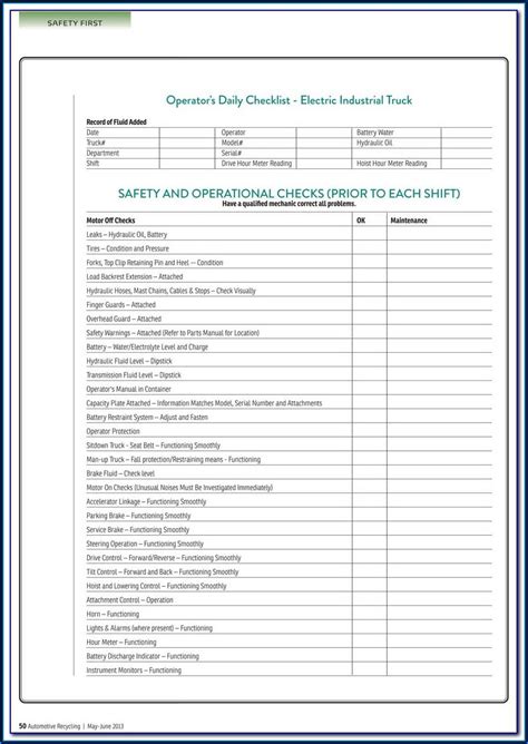 Daily Forklift Inspection Checklist Template Form Resume Examples