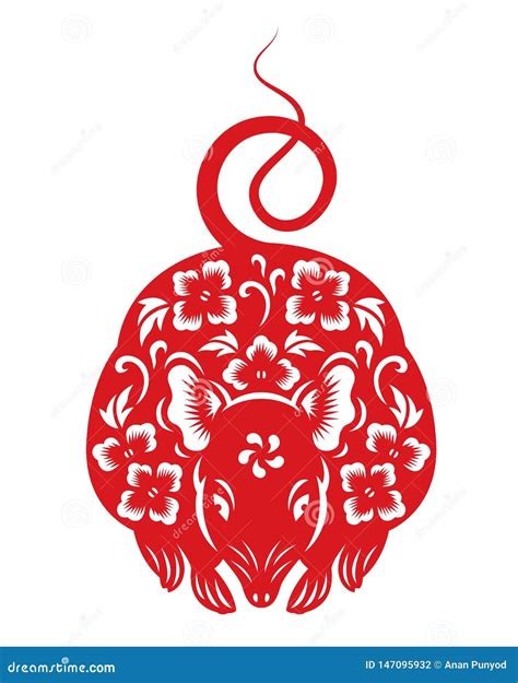Red Paper Cut Rat Chinese Zodiac Sign Isolate On White Background