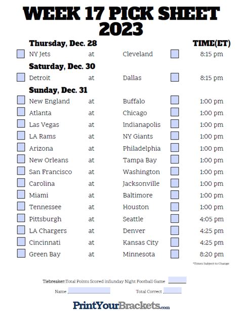 Fillable Week 17 Nfl Pickem Sheet 2024