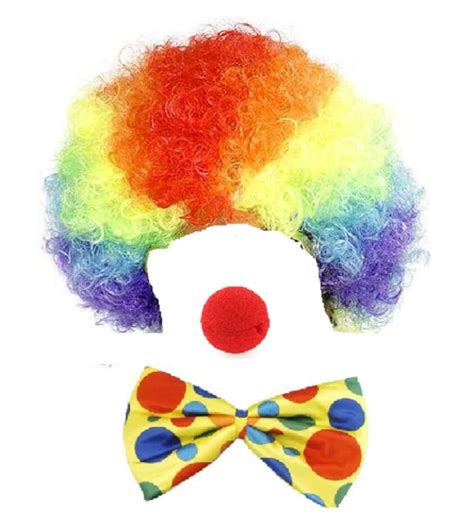 Clown Rainbow Afro Wig Red Nose Jumbo Yellow Spotted Bow Tie Fancy