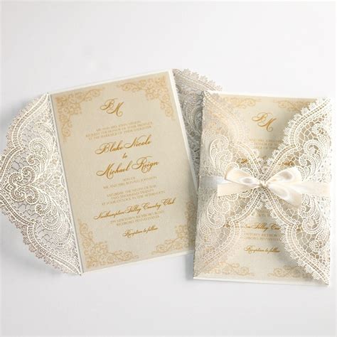 Ivory And Gold Wedding Invitation Lace Laser Cut Wedding Etsy