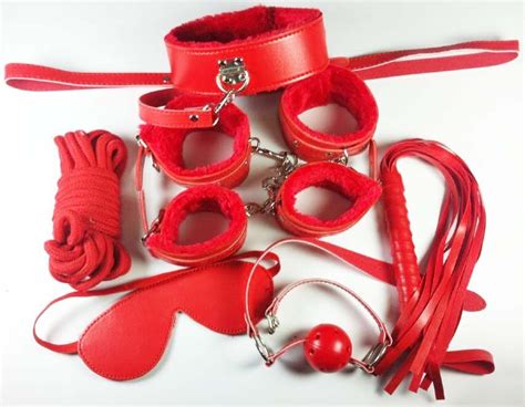 Furry Red 7pcs Sex Bondage Game Set Whip Wrist Ankle Cuffs Blindfold Rope Gags Sex Toys Fetish