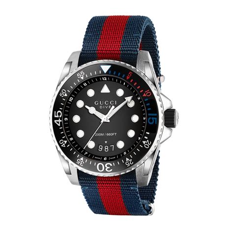 Gucci Dive Stainless Steel Blue And Red Striped Nylon Watch