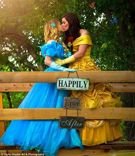 a fairytale romance lesbian couple get dressed up as their favorite disney princesses to pose