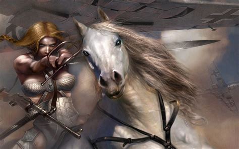 Warrior Woman Armed Girl On White Horse In Attack Fantasy