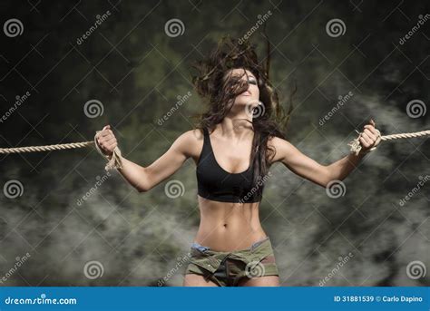 Strong Woman With Tied Wrists In Dress Royalty Free Stock Photography Cartoondealer Com