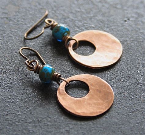 Items Similar To Hammered Copper Earrings Blue Rustic Earrings