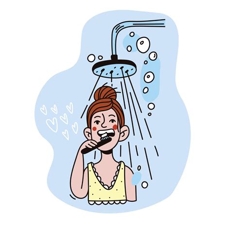 Girl Under The Shower Brushing Teeth Everyday Morning Routine Doodle Illustration Blue Brown