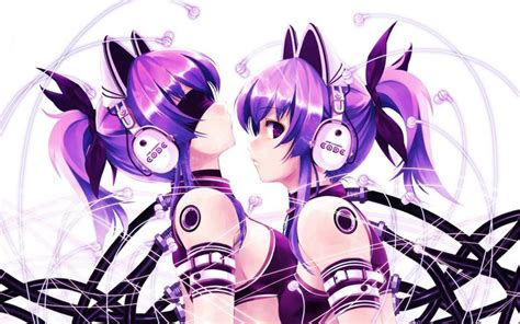 Anime Girls Purple Hair Purple Eyes With Headphones