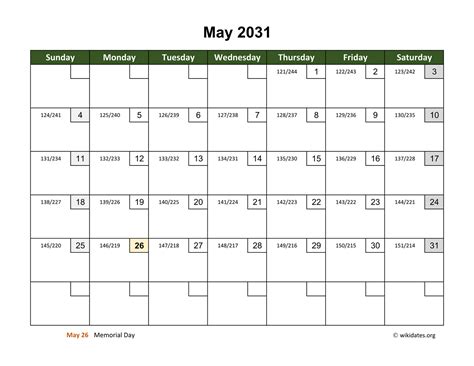 May 2031 Calendar With Day Numbers