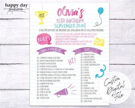 Mall Scavenger Hunt Birthday Party Checklist Custom Digital
