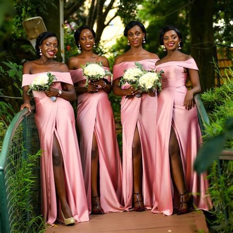 Coral Pink Cheap Bridesmaid Dresses Off The Shoulder Split Front Cheap