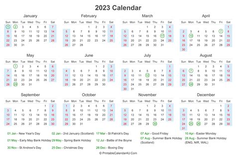 2023 Calendar With Uk Bank Holidays At Bottom Landscape Layout