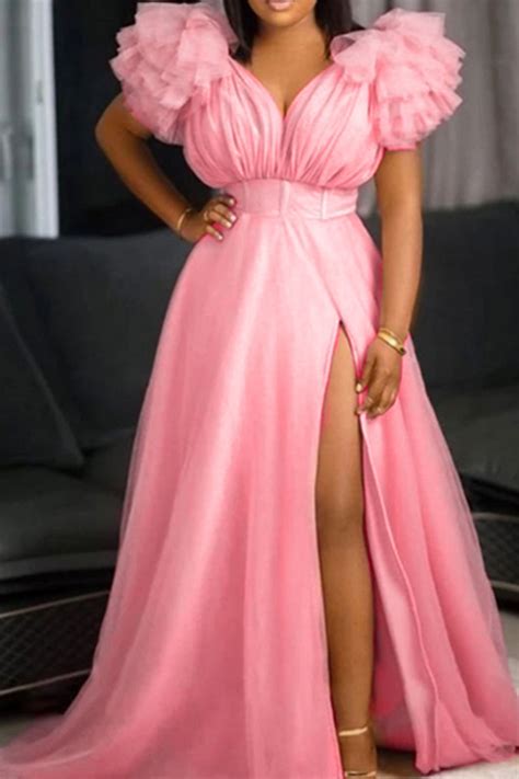 Nude Pink Sexy Elegant Solid Split Joint V Neck Evening Dress Plus Size