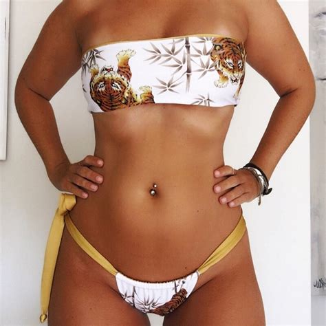 Women Tiger Print Swimsuit Bandeau Sexy Thong Bikini Set Women