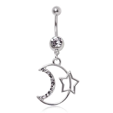 L Surgical Steel Navel Ring With Moon And Star Dangle Navel Rings