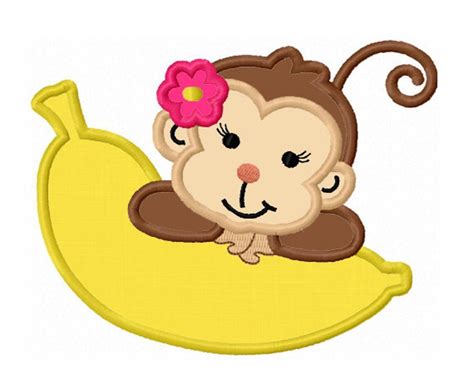 Girl Monkey With Banana Applique Machine Embroidery Design Etsy