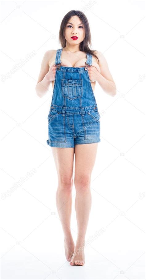 Nackte Frau Jeans Overalls Stockfotografie Lizenzfreie Fotos Aleynikov