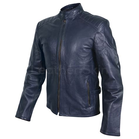 Men Navy Blue Genuine Leather Jacket With Rib Quilted Padded Shoulders