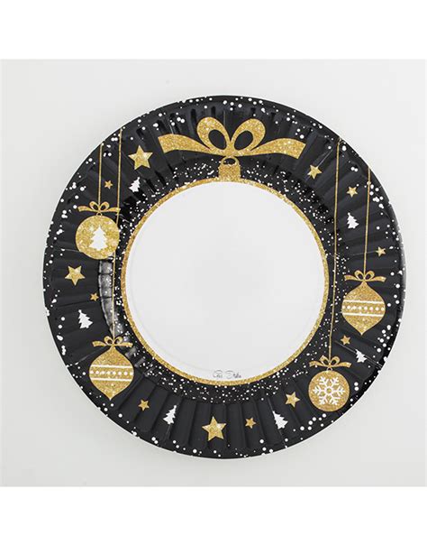 8 Assiettes en carton noël glamour noir et doré 27 cm Vegaooparty