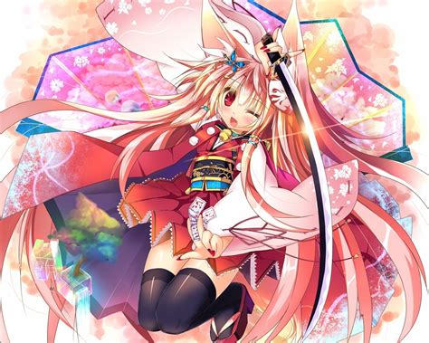 Blondes Long Hair Weapons Kimono Animal Ears Red Eyes Thigh