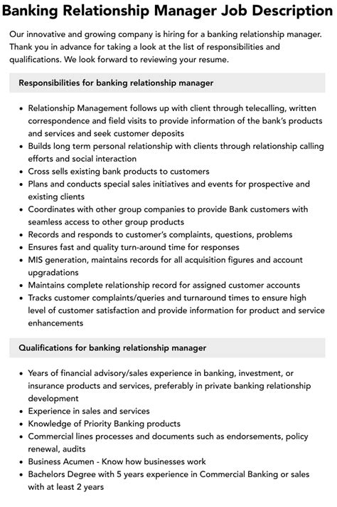 Banking Relationship Manager Job Description Velvet Jobs