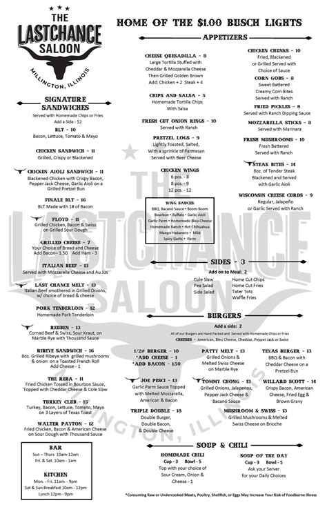 Menu at Last Chance Saloon pub & bar, Millington