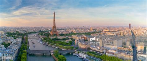 Aerial View Of Paris With Eiffel Tower During Sunset High Res Stock