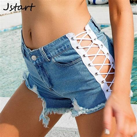 Vintage Women Sexy Blue Short Jeans Booty Shorts Denim Knot High Waist Short With Ripped Hole