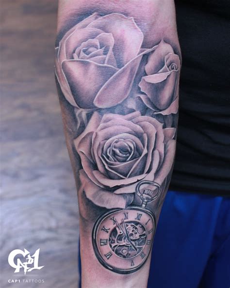 Rose And Pocket Watch Half Sleeve Tattoo By Capone