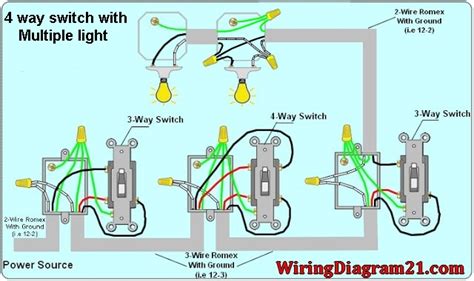 In this diagram wall outlets are wired in a row using the terminal screws to pass voltage from one receptacle to the next. 4 Way Switch Wiring Diagram | House Electrical Wiring Diagram