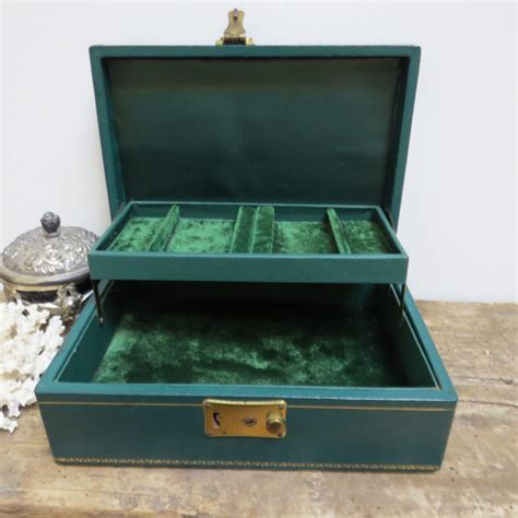 Vintage Green Leather Jewelry Box Velvet Lining Jewelry