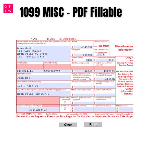 2024 1099 Misc Irs Forms Copy A Print Template Pdf Fillable With Clear