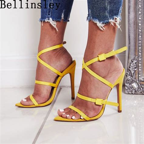 Summer Yellow Women Shoes Open Toe Cross Strappy Gladiator High Heels