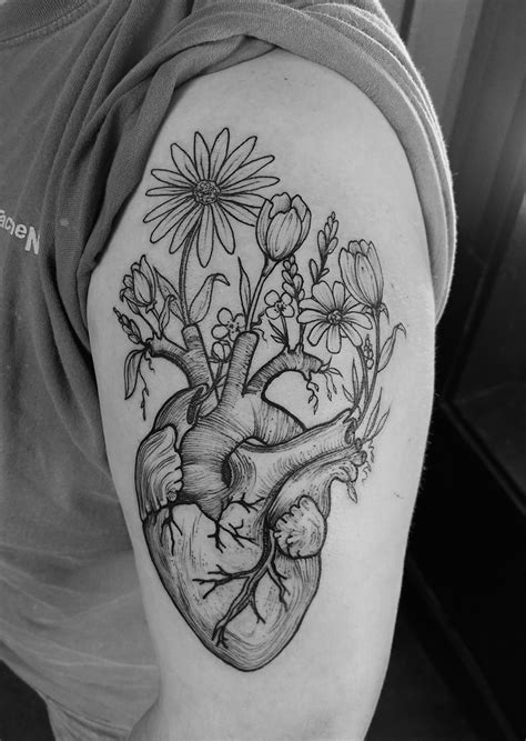 Line Work Anatomical Heart With Flowers Sleeve Tattoos Skull Tattoo