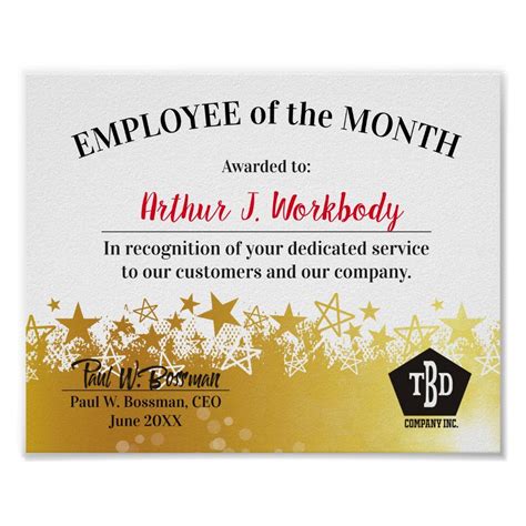 Faux Gold Stars Employee Of The Month Certificate Poster