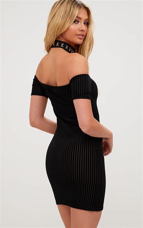 Black Striped Velvet Bardot Bodycon Dress Dresses Prettylittlething Usa
