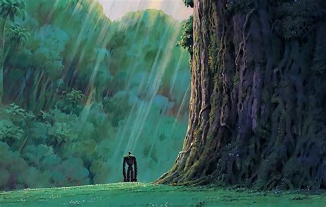 Wallpaper Green Grass Robot Trees Anime Rocks Mood Loneliness