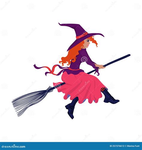 Witch On A Broom Cartoon Isolated Illustration The Red Haired Witch
