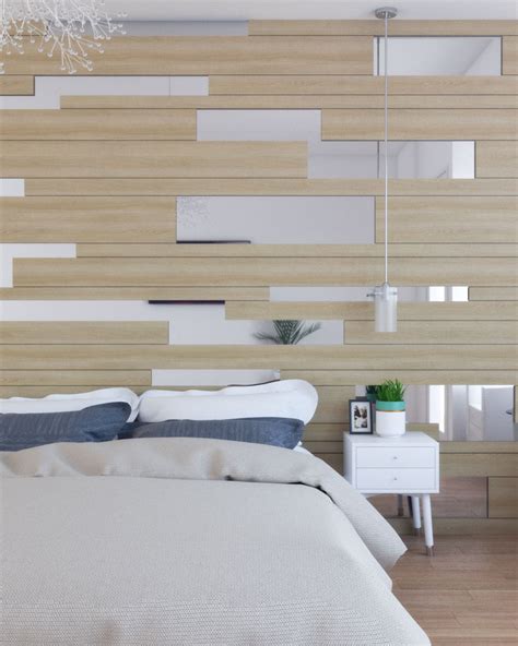 Modern Contemporary Master Bedroom with Wood and Mirror Accent Wall
