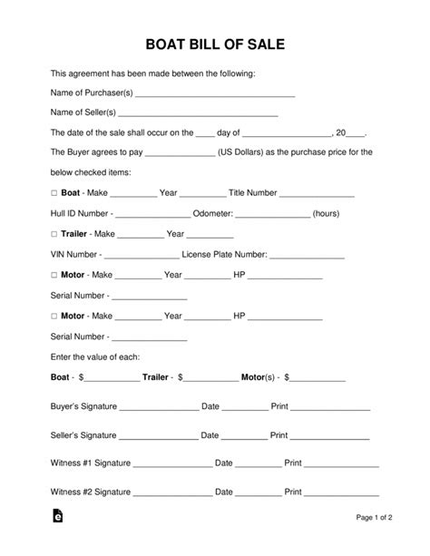 Editable Free Boat Vessel Bill Of Sale Form Pdf Word Eforms Boat Sale And Purchase Agreement