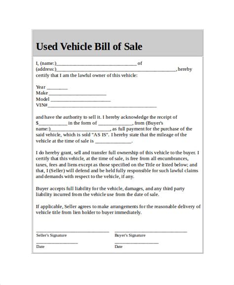 Vehicle Bill Of Sale Template Word Professional Template For Business