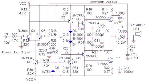 The circuit is a microphone amplifier for use with low impedance (~200 ohm) microphones. 70W OCL Power Amplifier - Circuit Scheme