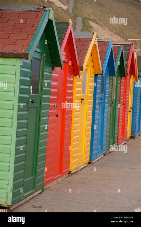 Brightly Coloured Beach Huts Whitby North Yorkshire England Uk C Marc