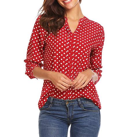 Women Polka Dot Blouse Spring Autumn V Neck Long Sleeve Plus Size Casual Loose Tops Shirt Red In