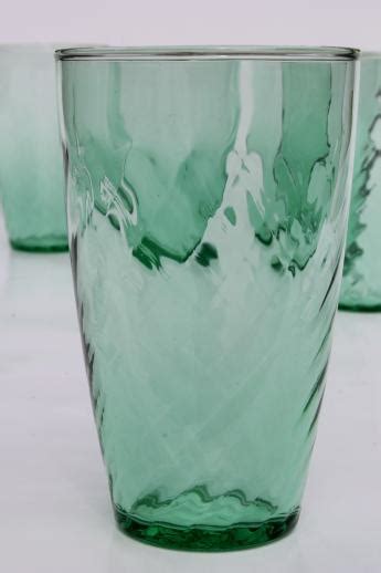 Set Of 6 Green Glass Drinking Glasses Optic Swirl Pattern Vintage Libbey Tumblers